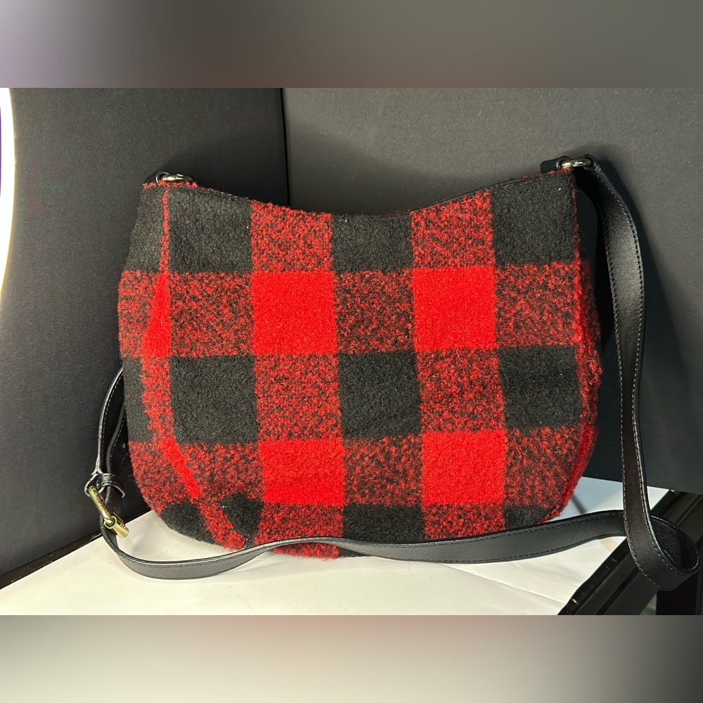NEW Talbots Wool Blend Red & Black Buffalo Plaid Crossbody w/ Genuine Leather